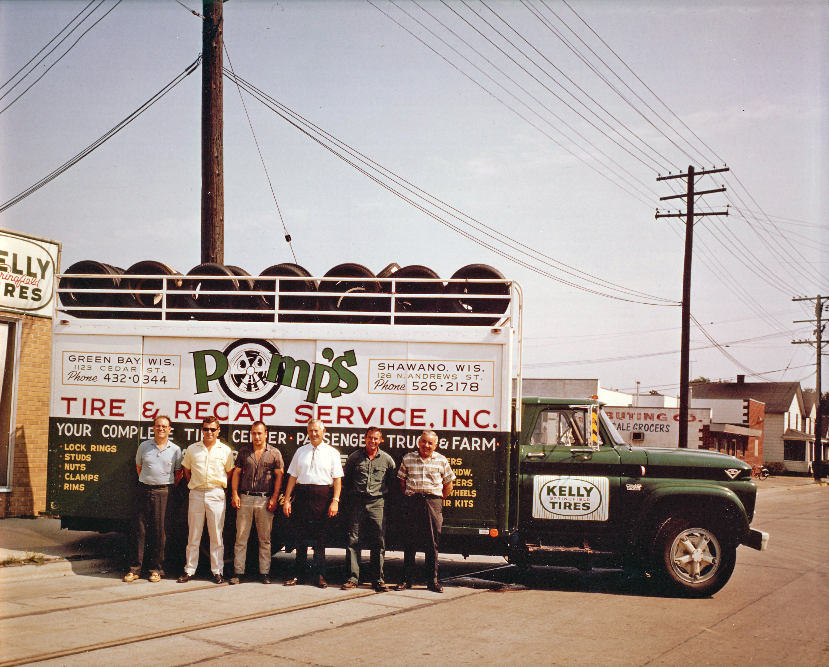 Pomp's Tire & Recap Service team with delivery truck, circa 1960s